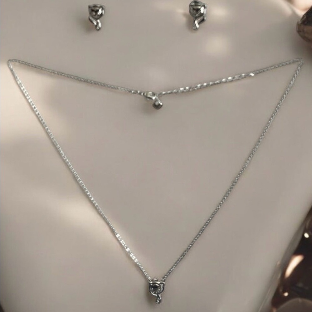 Kitty Theme Rhodium Electroplated Necklace and Earrings Set